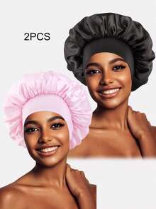 2pcs Women's Multicolor Wide Brim Stretchy Hair Bonnet For Daily Life Silk Bonnet Satin Bonnet Hair Sleep Cap - Multicolor - View 12