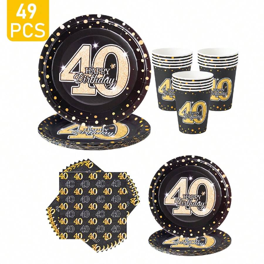 40th Birthday Gold Polka Dot Disposable Plates, Napkins, Cups - One Time Use Party Supplies Set, Serves 8 Guests, Suitable For Birthday, Wedding, Theme Party, Family Picnic - Multicolor - View 1