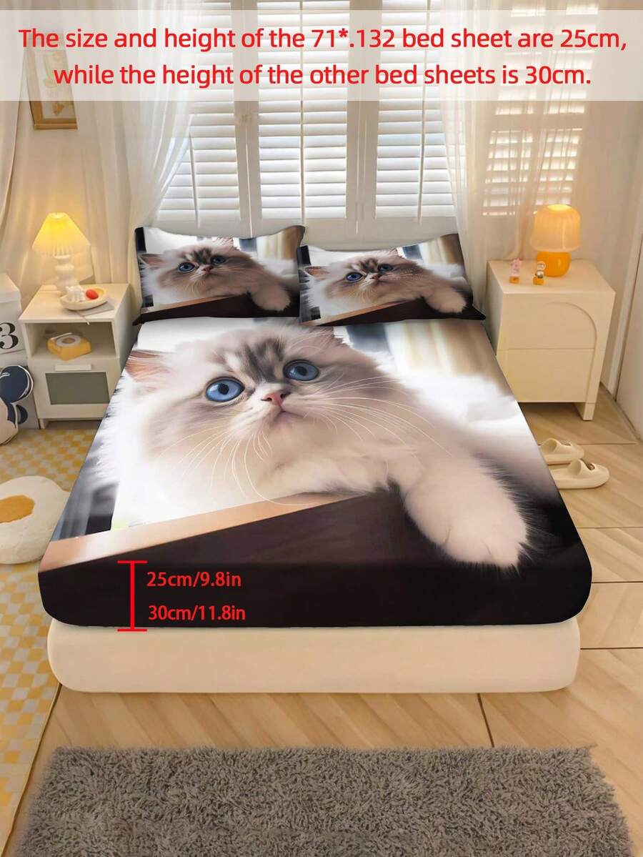 Bộ ga trải giường 2/3 món, họa tiết mèo dễ thương, chất liệu polyester, in kỹ thuật số, phù hợp cho bé trai, bé gái, phòng ngủ, ký túc xá, thanh thiếu niên, làm quà tặng. Bao gồm 1 ga trải giường và 1/2 vỏ gối (không kèm ruột gối). - Nhiều màu - Xem 1