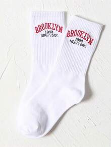 1双红色字母标语袜，1双男女通用简约风格白色袜子，适合日常穿着 - 彩色 - 查看 4