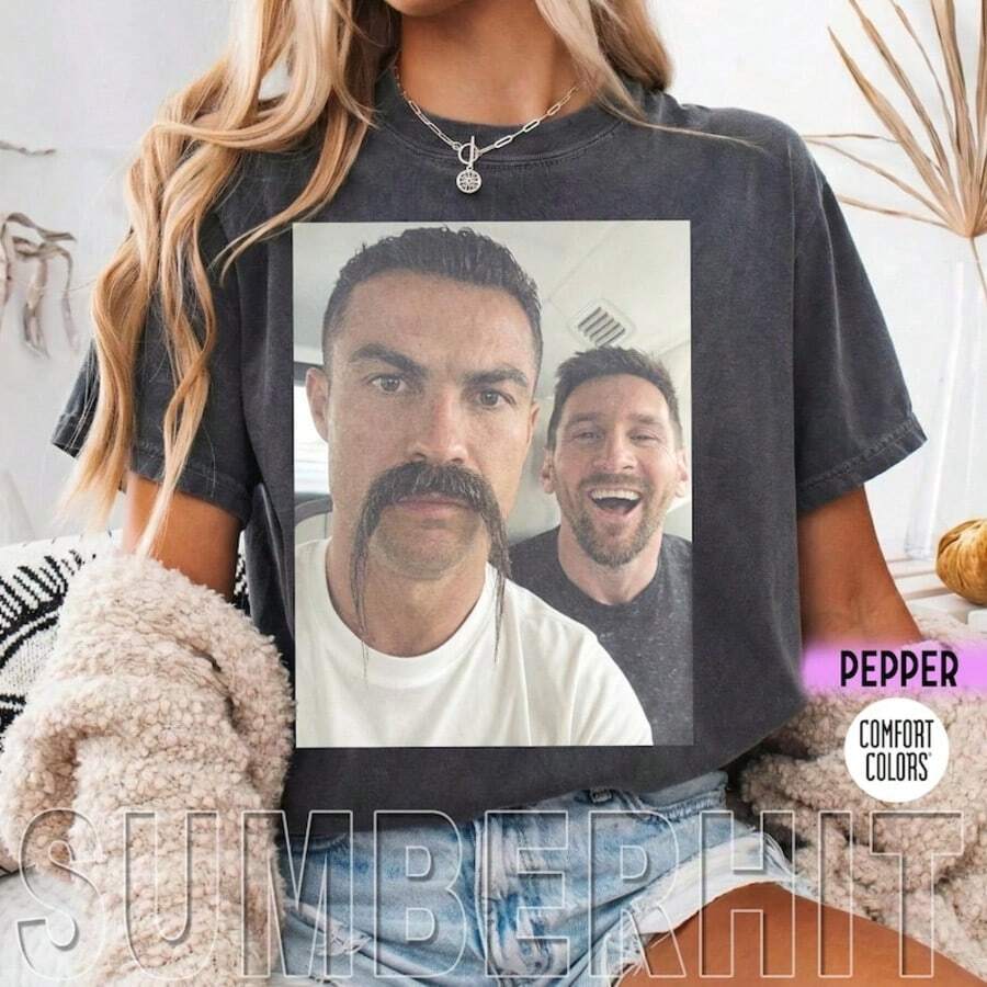 Funny Ronaldo And Shirt, Moustache Meme Tee, Leo Selfie, Soccer - 黑色 - 查看 1