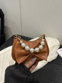 1pc Sweet Bow Handbag Shoulder Bag, Fashion Casual Solid Color Small Size, Meets Basic Storage Needs, Multi-Color Options, Exquisite Versatile, Suitable For Daily Outings, Shopping, Photography, Gifts For Teenagers, All Seasons - Pearl Handbag - View 7