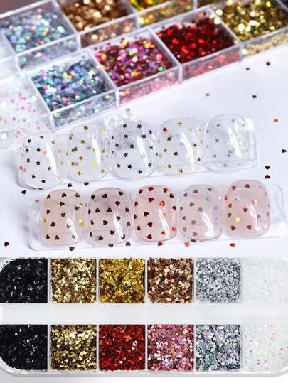 1 Box Holographic Laser Mini Stars Heart Nail Sequins Heart-Shape Glitter Nail DIY Design Decoration Supplies For Women's Nail Salon