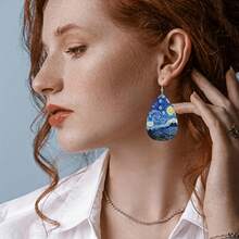 2 Pairs Personalized Classic Fashion Women Pendant Earrings, Landscape Print Bohemian Minimalist Style Wooden Pendant Earrings, Impressionist Art Jewelry, Unique Gift Choice For Women, Elegant - Multicolor - View 6