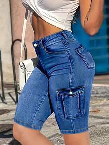 Plus-Size Women's High-Waist Denim Cargo Pants With Stylish Side Pocket Design, Suitable For Travel, Work, And Washed Stretchy Plus-Size Women's Jeans - 中等水洗藍 - 查看 7