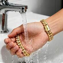 Black "S" Clasp 14K Gold-Plated Cuban Link Bracelet - Chunky Gold Hip Hop Chain For Men - Punk Stainless Steel Street Style - 6MM - View 6
