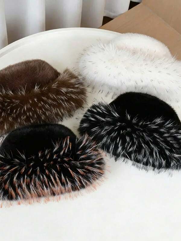 1pc Women's Princess Faux Fur Bucket Hat, Thick Warm Autumn/Winter Hat With Wide Brim, Elegant & Fashionable