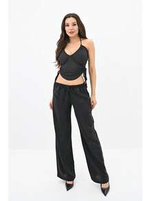 Women's Fashion Foil Print Pants - Black - View 2