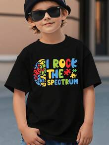 Autism Awareness T-Shirt - I Rock Spectrum Puzzle Print, Rainbow Colors, Autism Spectrum Disorder Symbols And Sensory Icons - Comfortable Casual Summer Clothing, Suitable For Autism Spectrum Children And Parents, Most Possible Christmas T-Shirt, Family Matching Outfits - 彩色 - 查看 2