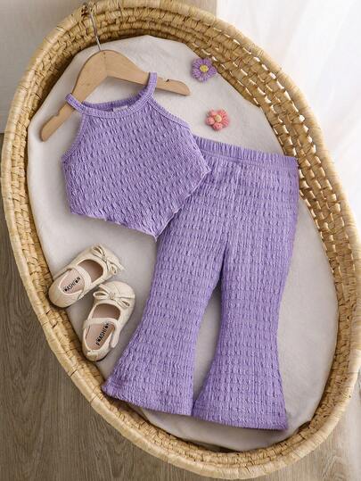 Summer Baby Girl Light Purple Textured 2 Pieces Set, Halter Neck Camisole + Wide Leg Pants, Soft & Comfy