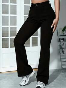 Jeans Acampanados de Tiro Alto para Mujer - Pantalones de Campana de Denim Elástico  Elegante con Diseño Clásico de Cinco Bolsillos, Tejido de Poliéster Cómodo para Uso Diario - Negro - Ver 1