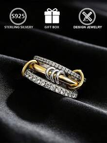 Juego de anillos apilables de plata de ley de dos tonos 925, anillos de plata con incrustaciones de circonita cúbica multicapa, minimalista y versátil para uso diario/caja de regalo - Plateado - Ver 7