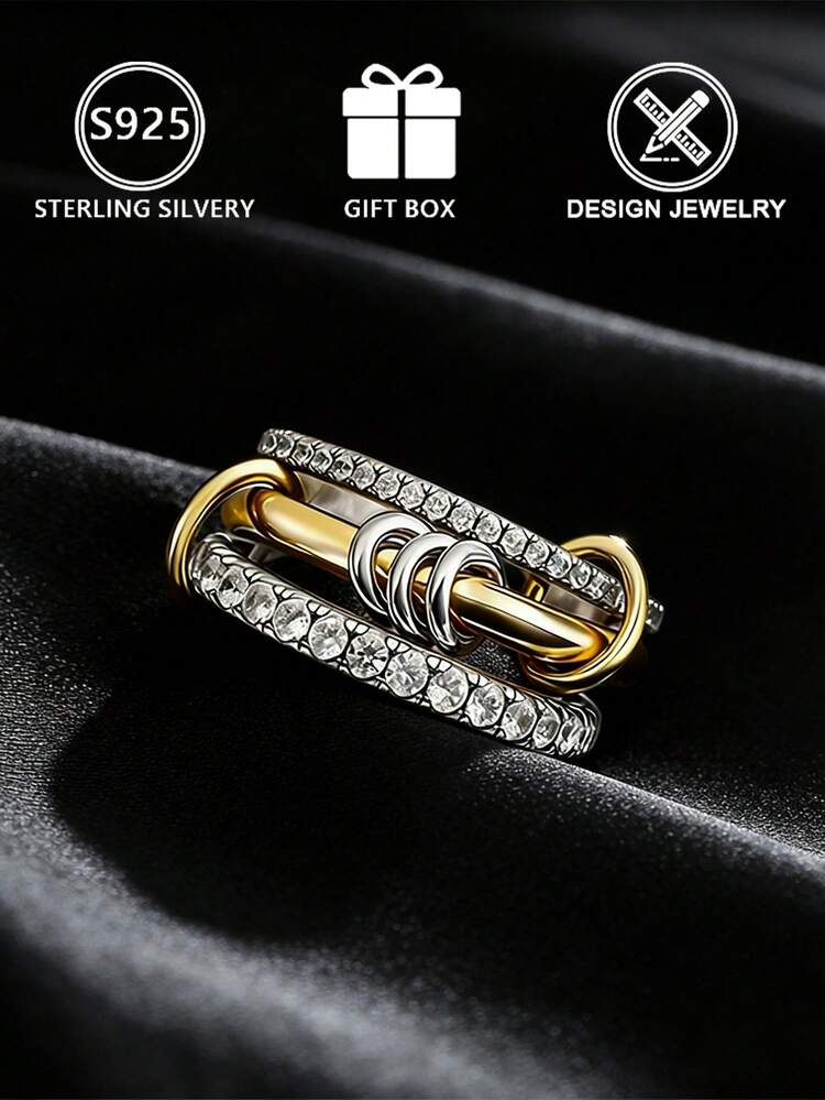 Juego de anillos apilables de plata de ley de dos tonos 925, anillos de plata con incrustaciones de circonita cúbica multicapa, minimalista y versátil para uso diario/caja de regalo - Plateado - Añade 7