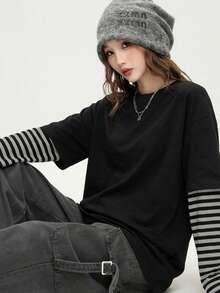JUTU Spring & Autumn Black Striped Patchwork Sleeve T-Shirt, Comfortable Loose Fit Long Sleeve Top, Young Lady Style Casual - 2A19 Black - View 8