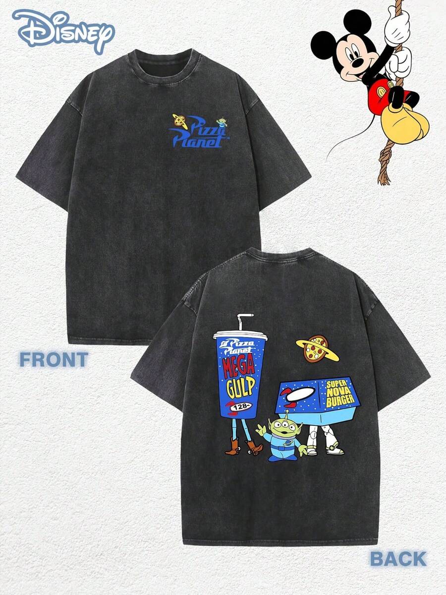 Disney Toy Story Pisa Planet Alien Printed Summer High-Quality Washable Cotton Retro Round Neck T-Shirt-Machine Washable-Unisex Casual Shirt-Official Authorization - 黑色 - 查看 1