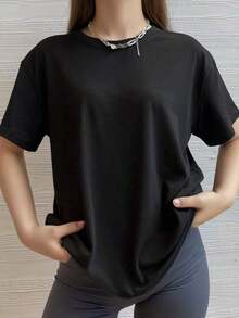 Small Shoulder Drop Short-Sleeved-Shirt Solid Color Black Loose Casual - màu đen - Xem 13