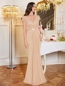MIUSOL Sequin Floral Lace Sweetheart Neck Cap Sleeve Draped Mermaid Hem Formal Party Maxi Dress - 香檳色 - 查看 4