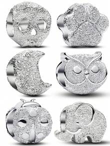 1pc Minimalist Niche Design Silver Matte Skull, Cat Paw, Moon, Owl, Ladybug, Elephant Beaded Bracelet/Necklace, Versatile DIY Accessory, Small Gift - Silver - View 1