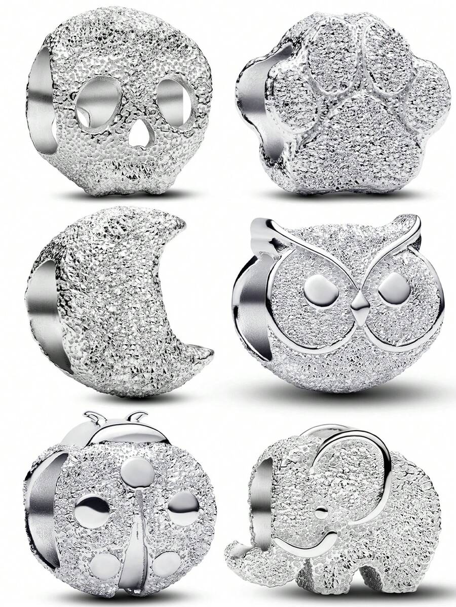 1pc Minimalist Niche Design Silver Matte Skull, Cat Paw, Moon, Owl, Ladybug, Elephant Beaded Bracelet/Necklace, Versatile DIY Accessory, Small Gift - Silver - View 1