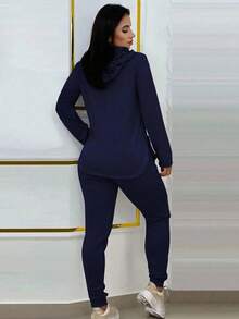 2pcs/Set Women Solid Color Drawstring Hooded Long Sleeve Top And Pants Casual Suit, Spring Fall Cloth For Women - Màu xanh dương *Kiểu dáng thể thao mùa xuân - Xem 2