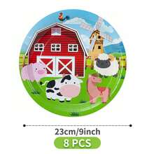 快乐农场8人份一次性餐具套装，包含纸盘、餐巾纸、纸杯，适合生日、婚礼、派对、家庭野餐等场合。 - 彩色 - 查看 6