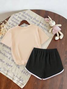 2pcs/Set Cherry Print Casual Fashion Creative T-Shirt + Shorts Set, Summer Vacation For Teenage Girls - Apricot - View 4