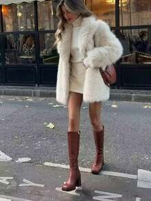 Women Faux Fur Coats - Apricot - View 1