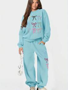 Women Y2K Sweatshirt Set Bow Print Long Sleeve Pullover Long Sweatpants With Pockets 2 Piece Outfit - Sky Blue - View 2