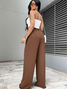 Women's High-Stretch Polyester Trousers, Wide Legs And Long Length With Adjustable Drawstring. - Rust Brown - View 2