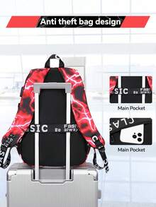 1 Set Kids Backpack With Cool Pattern, USB Charging Port, Game Controller Print, Includes Lunch Bag, Luggage Strap, Zipper Closure, Multi-Pocket Design, Suitable For Daily Use, Camouflage Blue/Red Set - Lightning - View 6