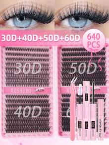 608/640PCS 4In1 DIY Lash Extension Kit Large Capacity 9-16 D Curl Lash Clusters Natural Wispy 3D Effect& Mega Volume&Ultra-Soft & Super Light False Eyelashes Reusable Individual Lashes Kit With Tweezers&Lash Brushes Use At Home For Daily Life&Party&Travel - Nhiều màu - Xem 3