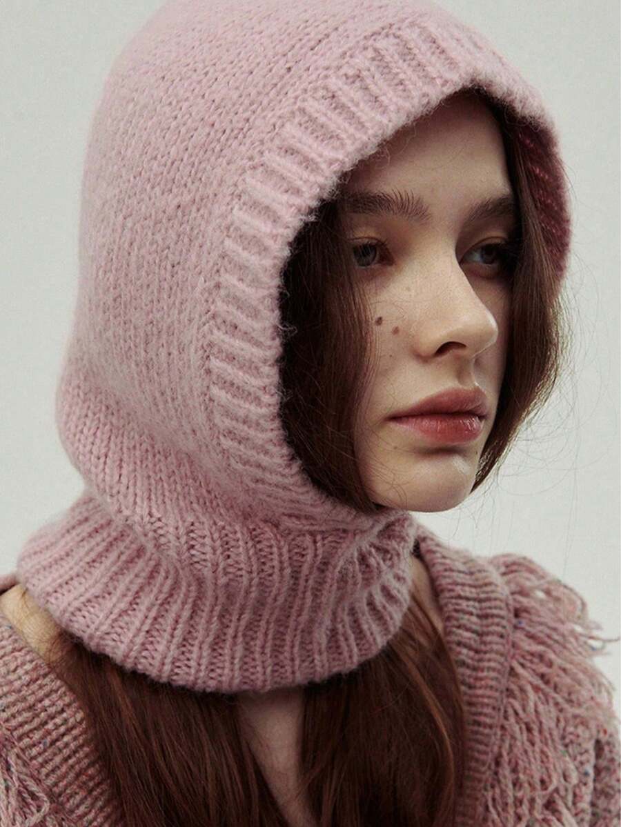 1pc Designer Knitted Knitted Balaclava Hat, Winter Warm Beanie Cap For Women, Fashion Knitted Hat - Pink - View 1
