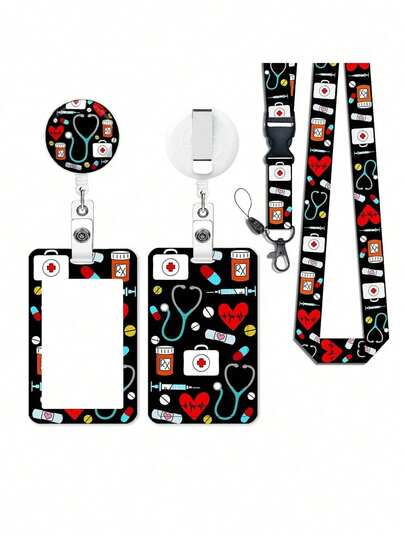 Medical-Themed Badge Holders With Lanyard, ID Name Tag Worker Badge Carabiner, Plastic Card Case, ID And Access Card Protective Cover With Retractable Rope, Multipack, Medical & Healthcare Design For Nurses, Doctors, Teachers - Scratch-Resistant Protective Case With Key Ring