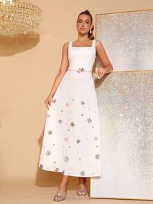 新款优雅女士宽肩带无袖A字宽松粉色长裙，时尚女士系带连衣裙，奢华彩色珍珠水钻花朵装饰长裙，女士婚礼宾客伴娘礼服，正式晚宴礼服 - 白色 - 查看 4