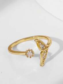 1枚可调节开口立方氧化锆金鱼尾戒指，适合作为时尚沙滩派对生日礼物送给女孩 - 金色 - 查看 3