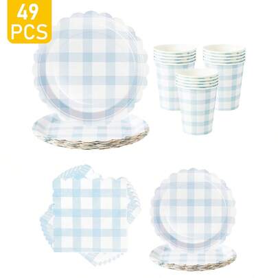 Blue & White Checkered Petal Shaped Disposable Plates, Napkins, Cups - One-Time Party Supplies Set For 8 Guests, Disposable Paper Plates Suitable For Birthday, Wedding, Theme Party, Family Picnic
