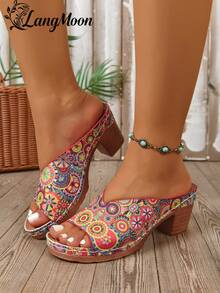 Sandalias de tacón grueso bohemias y coloridas de LangMoon 2026 para mujeres, con parte superior estampada + tacón grueso y estable, suela cómoda antideslizante y duradera, diseño llamativo y personalizado, adecuadas para vacaciones, citas y fiestas en primavera y verano - Flor redonda - Ver 3