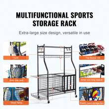 Sports Equipment Garage Organizer, Rolling Ball Storage Cart On Wheels, Basketball Rack With Baskets & Hooks, Indoor/Outdoor Sports Gear And Toys Storage, Steel Sports Equipment Organizer, Black - 2 Storage Baskets - 查看 2