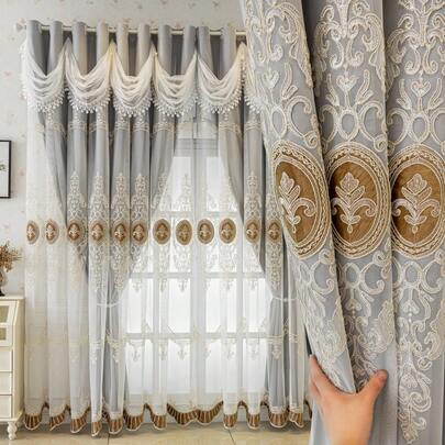 1pc European Embroidered Double-Layer Curtain, Top Ruffle Lace Trim, 100% Blackout Decorative Curtain, Black Backing, Lightweight, Single Panel Curtain, Suitable For Living Room, Bedroom, Home Decor