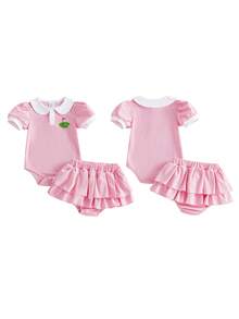 Baby Girls Summer Shorts Outfits Short Sleeve Doll Collar Golf Court Embroidery Romper Tiered PP Shorts Sets - 粉色 - 查看 10