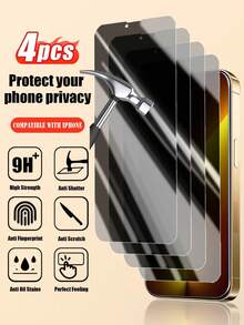 4pcs Full Screen Tempered Glass Privacy Screen Protector, Compatible With IPhone7/8/X/XR/11/12/13/14/15/16/17 Series, Anti-Fingerprint, Waterproof, Anti-Scratch, Sensitive Touch And Smooth Feel, 9H Hardness Glass, Anti-Collision, Anti-Drop - Black - View 20