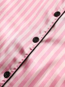 2Pcs Women's Pajama Set Features A Bowknot Embroidery And Striped Print On Satin Fabric, Including A Short-Sleeved Button-Down Shirt And Shorts, Perfect For Casual Loungewear In The Summer. - Watermelon Pink - View 6