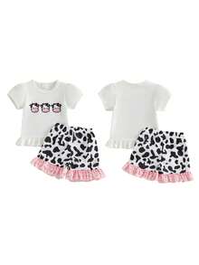 Toddler Girls Outfits Western Baby Clothes Cow Bow Strawberry Shorts Sleeve Ruffle Shirt Shorts Summer Outfit Set - 黑色 - 查看 8