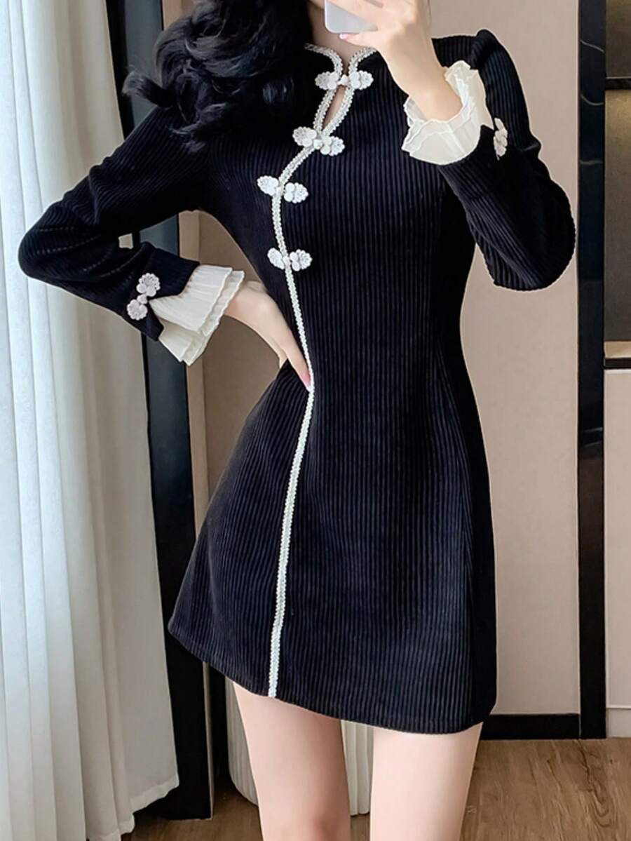 Contrast Trim Lace Button Design Elegant Short Cheongsam Dress With Long Sleeves Black Spring - Black - View 1