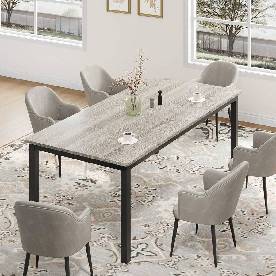 Mesa de Comedor de 71 Pulgadas para 6, mesas de Cocina de Madera de Granja para la Familia, Mesa de Comedor Rectangular de Estilo Industrial con Marco de Metal Resistente, computadora Largo para - Gris - Ver 1