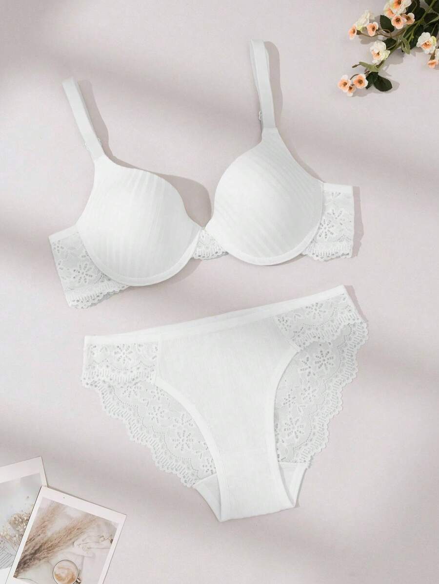 女士棉质提花蕾丝文胸内裤套装 - 白色 - 查看 1