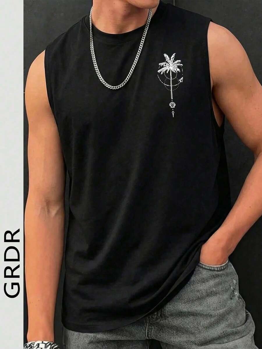 GRDR 男士极简印花休闲宽松圆领背心，百搭夏季街头服饰 - 黑色 - 查看 1
