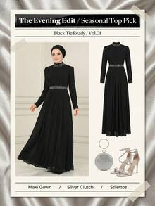 Vestido largo elegante de unicolor y estilo árabe lujoso para mujer, con la cintura ceñida, digno y apropiado - Negro - Ver 6