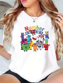Women'S Anime Number Blocks Casual Crew Neck T-Shirt, 95% Polyester 5% Elastane, Short Sleeve Regular Fit, Medium Stretch, All Season Pullovers, 170gsm - White - 白色3 - 查看 1