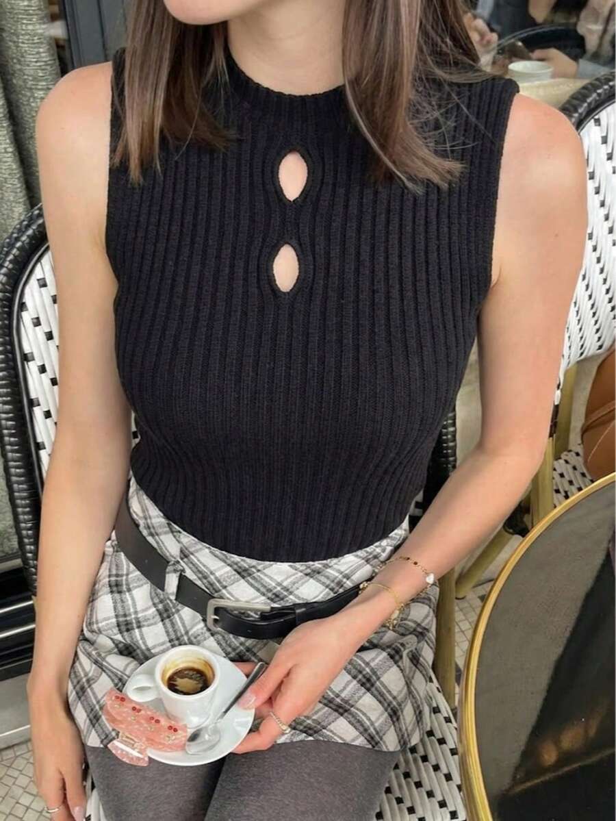 镂空条纹前片设计性感针织吊带背心，夏季修身无袖针织背心 - 黑色 - 查看 1